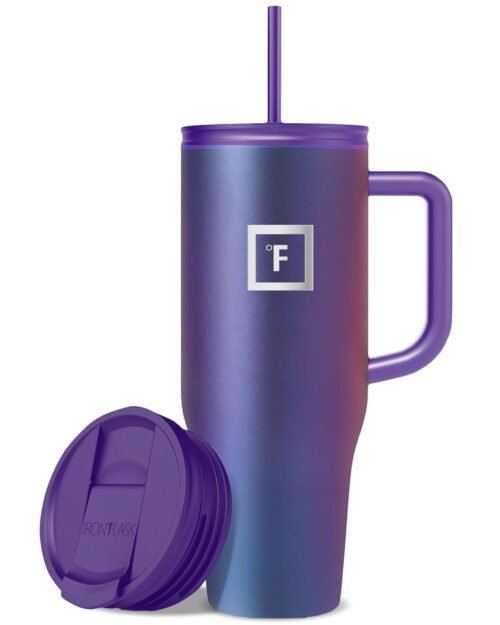 IRON °FLASK Co-Pilot Insulated Mug w/Straw & Flip Cap Lids - Cup Holder Bottle for Hot, Cold Drink - Leak-Proof - Water, Coffee Portable Travel Mug - Aurora, 40 Oz