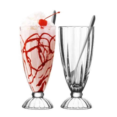 Milkshake Glasses Cups - Iced Coffee Cup with Spoons - Sundae Cups for Ice Cream, Root Beer Float, Boba, Soda, Iced Latte (11.5 Ounce, 2 Pack)