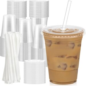 100 Pack - 16 oz Clear Plastic Cups with Lids and Straws, Sturdy & Food Safe Iced Coffee Cups with lids, Disposable Plastic Smoothie Cups for Cold Drinks