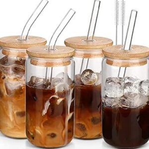 DWTS DANWEITESI Glass Cups with Lids and Straws 4 pcs,16oz Drinking Glasses Set for Coffee Bar Accessories,Iced Coffee Cups with Lids,Matcha Cup Glass Tumbler Reusable for Gifts