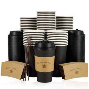 LITOPAK 100 Pack 16 oz Paper Coffee Cups with Lids, Black Disposable Coffee Cups with Lids, Sleeves and Stirring Sticks, for Parties, Picnic, Travel, and Events