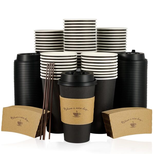 LITOPAK 100 Pack 16 oz Paper Coffee Cups with Lids, Black Disposable Coffee Cups with Lids, Sleeves and Stirring Sticks, for Parties, Picnic, Travel, and Events